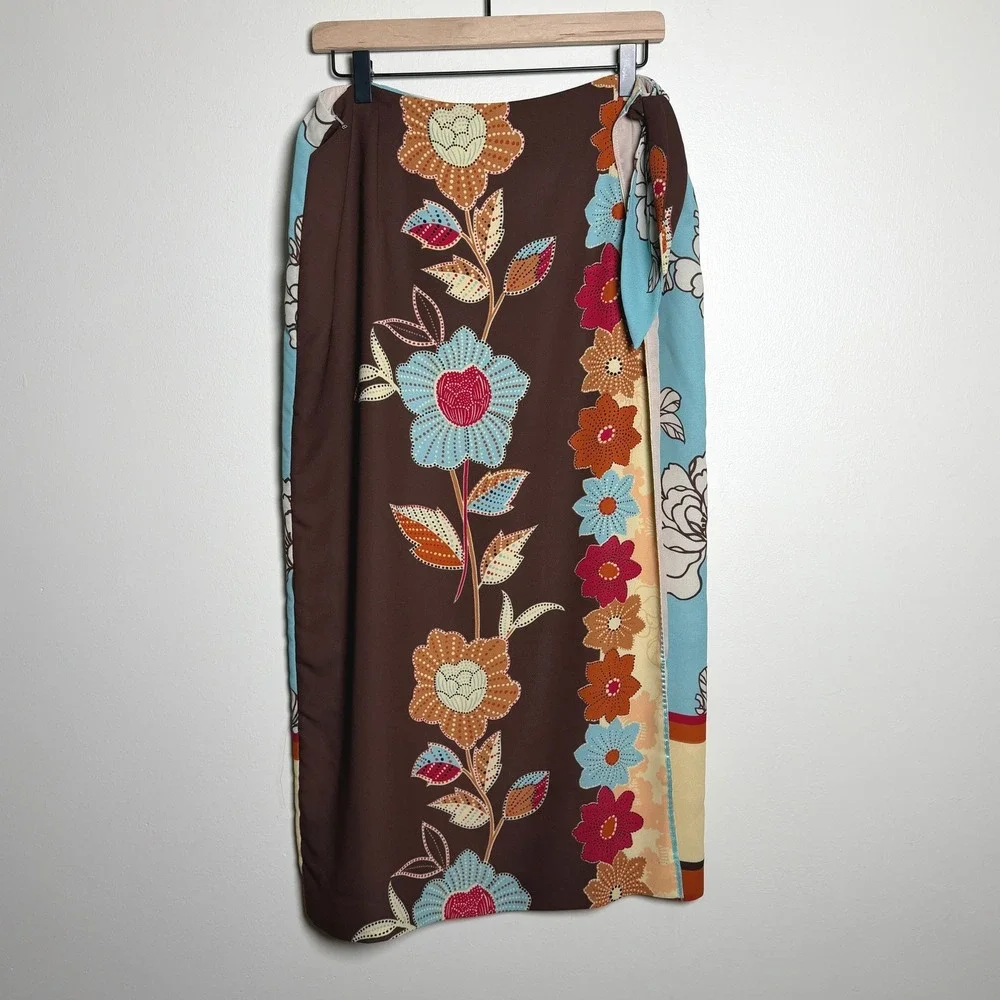 Pendleton Floral Wrap Skirt Brown Turquoise Mixed Botanical Midi Size 14 USA